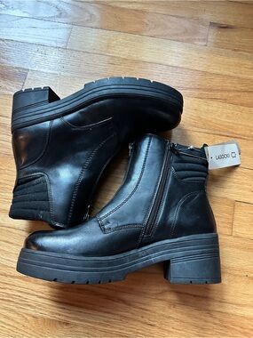 Lasocki Black Genuine Leather Front Zip Chunky Block Heel Ankle Boots EU 40